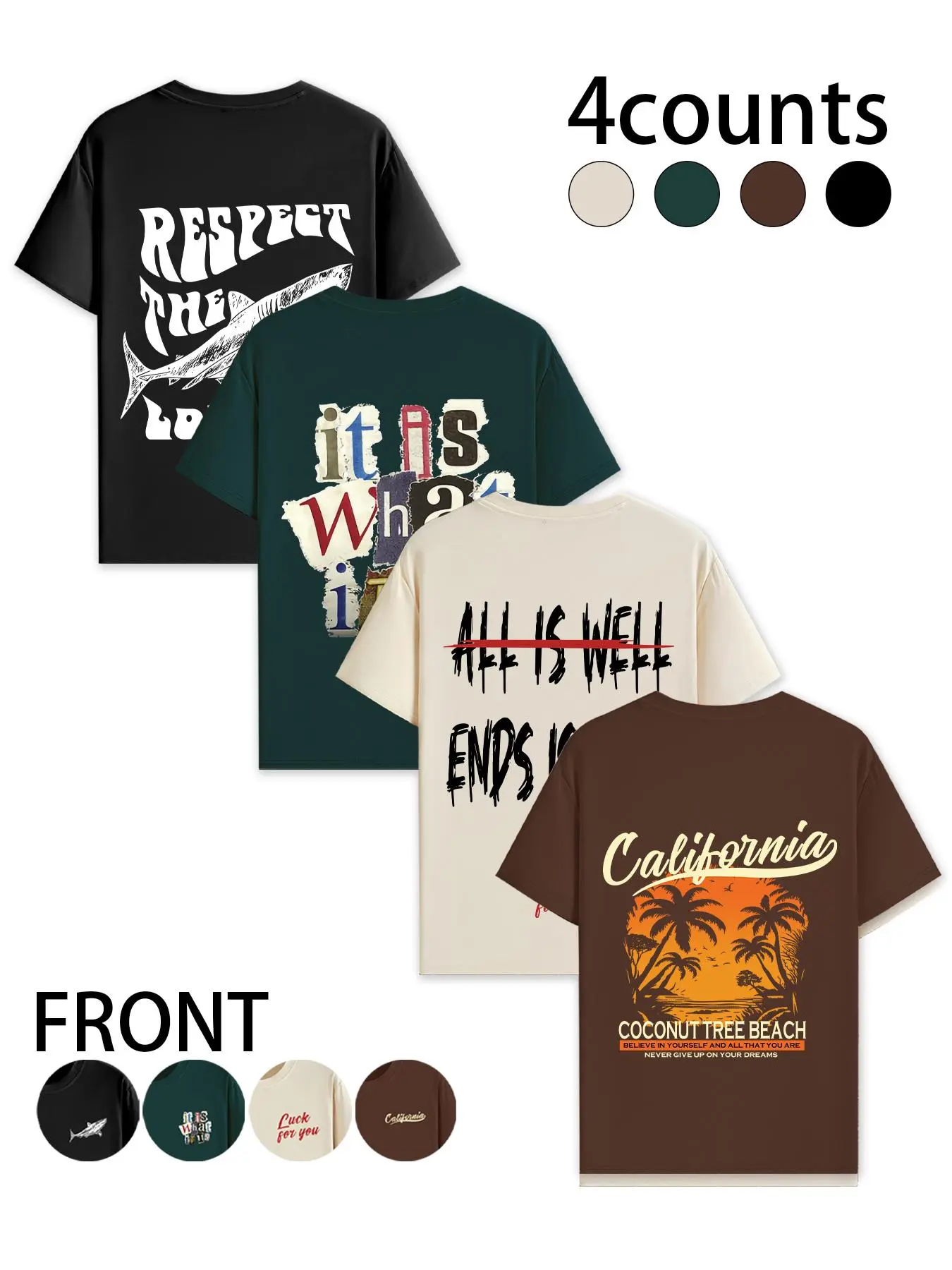【Plus Size】Men's Palm Tree & Letter Print Short Sleeve Graphic Tee, Casual Comfy Round Neck T-shirt for Summer, Men's Plus Size Clothing for Daily Wear