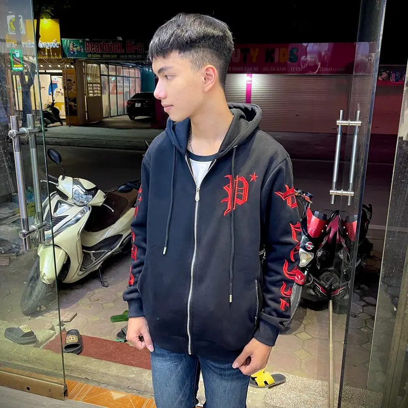 Áo khoác phiili thêu chữ ,ống tay và thêu mũ mix khoá sau lưng host trenn 7