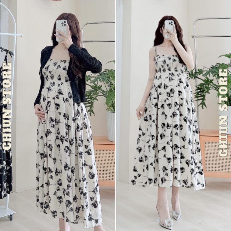 Váy Bầu 2 Dây Sét Đầm Bầu Tiệc Công Sở 2 Dây Hoa Nhí 2 Chi Tiết Chất Liệu Đũi Gân Mềm Mát M807 Chiun Store Nữ Women Kem Đen Dress dáng dài