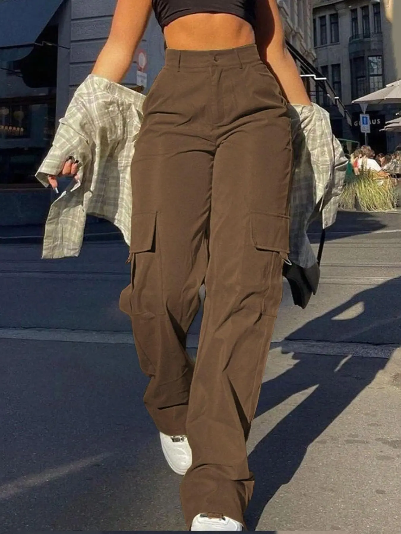 Women's Plain Multi-pocket Cargo Pants, Casual Street Straight Leg Trousers for Daily Wear, Ladies Bottoms for All Seasons