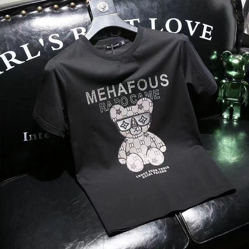 European Station European Goods Trendy Bear Round Neck Short Sleeve T-Shirt Men 2023 Summer Youth Slim Fit Plus Size Half Sleeve Tee Comfort 2