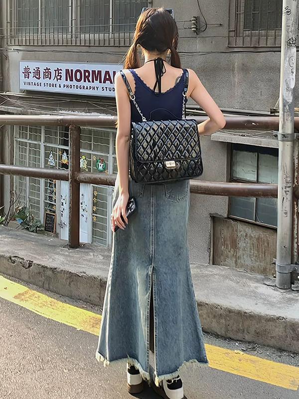 Chân váy jean đuôi cá rách gấu ôm body nữ váy bò dài xẻ tà ngang màu xanh đen V14 - S/M/L/XL 4