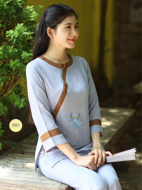  DL108 màu lam  Họa Y Pháp Phục   Đồ Lam Đi Chùa Top Quần Áo Thời Trang Cho Phật Tử Nữ  size S M L xL XXL Pháp Phục trang phục truyền thống thường mặc chất lụa Nhật Women Sen Lịch trung niên 
