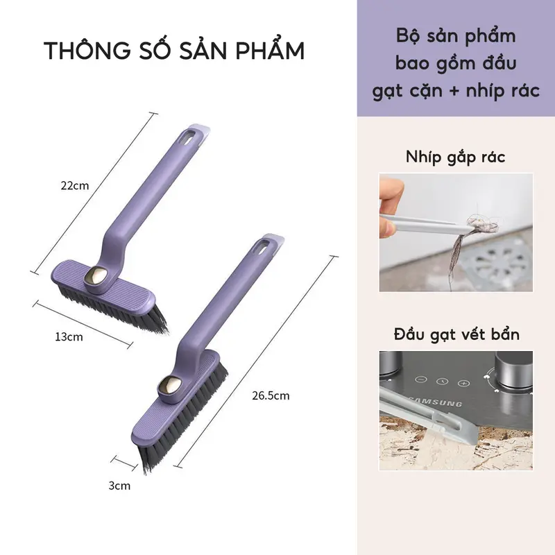 COMBO 3 Bàn chải chà sàn khe hở đa năng Chổi cọ sàn tích hợp kẹp gắp rác 2 trong 1 Cọ sạch khe hẹp góc tường Làm Sạch 5