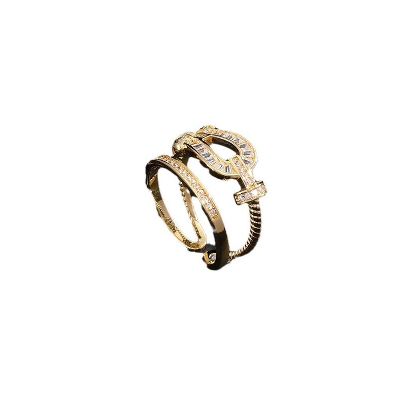 High Version Real Gold Plating Minimalist Design Personality Horseshoe U-Shaped Zircon Open Ring Jewelry for Women 3