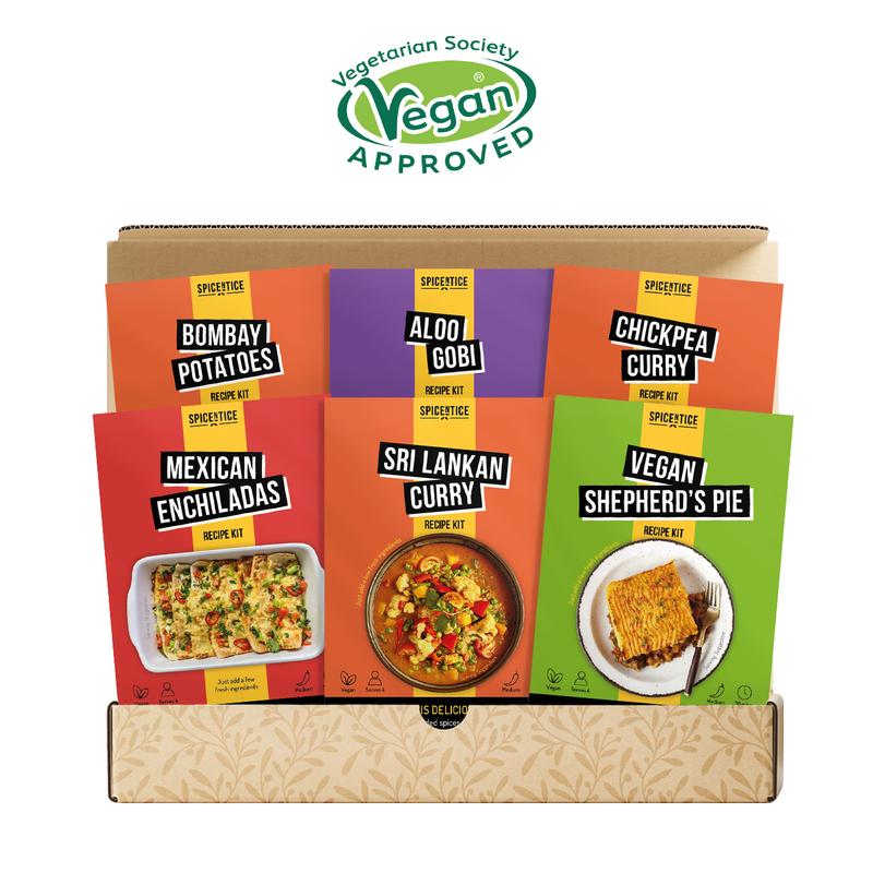 Spicentice Vegan Recipe Kit Gift Set - 6 Plant-Based Meals from Around the World - Includes Spice Blends, Recipes, and a Food Shopping Lists 6