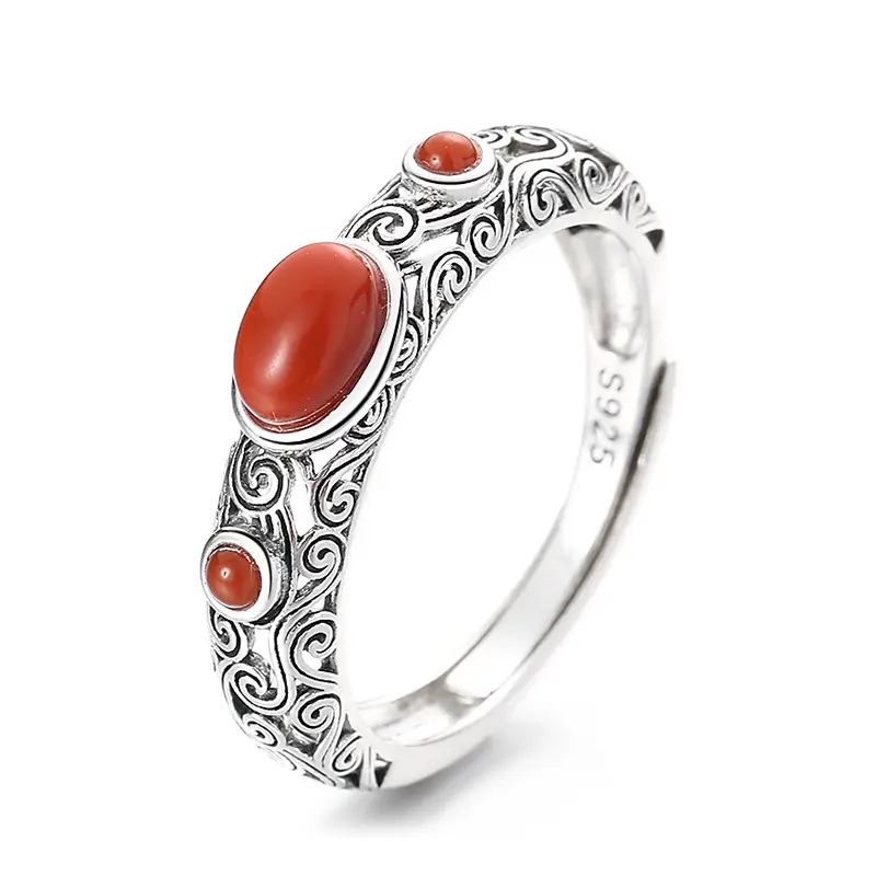 Chaosheng S925 Sterling Silver Auspicious Clouds Ruyi Hollow Inlaid With Southern Red Agate Ring Retro Literary And Ethnic Style Ring 4