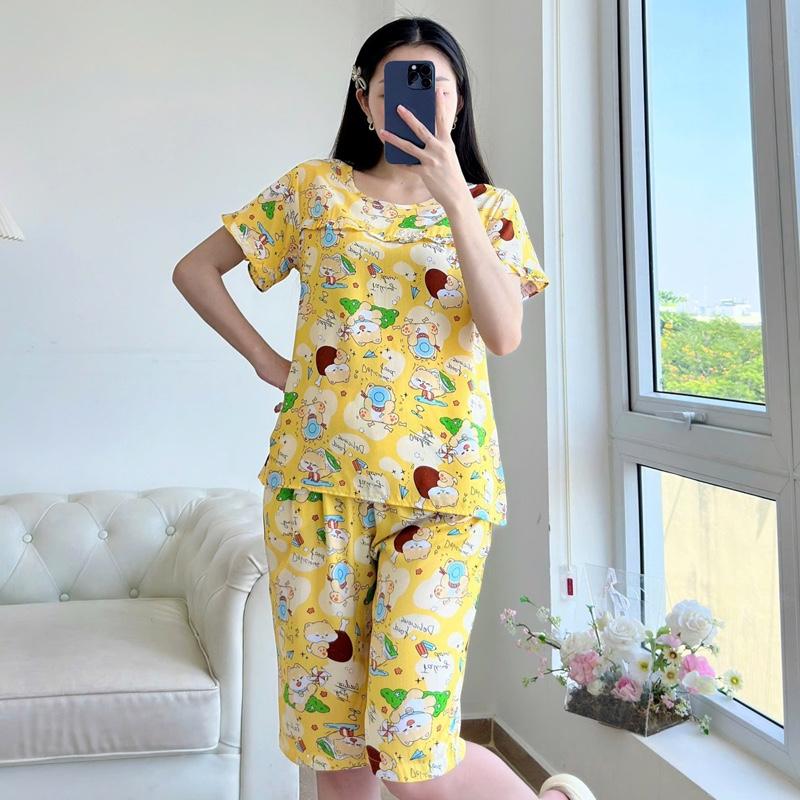 Bộ tole lanh quần lửng áo có tay phối bèo xinh xắn Nữ mặc nhà Women 1