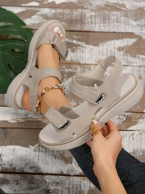 Women's Fashionable Plain Color Velcro Sandals, Casual Comfortable Platform Sandals for Beach, Outdoor Sports Sandals for Daily Wear 0