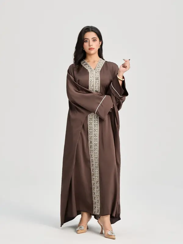 Women's Lace Embellishment V Neck Abaya, Modest Long Sleeve Maxi Dress for Party Wedding Guest, Formal Ladies Islamic Clothing for All Seasons 3