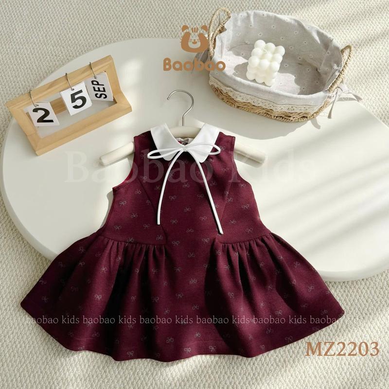   BAOBAO-HÀNG SẴN  VÁY DẠ UMI ĐỎ ĐÔ CỔ ĐỨC HOẠ TIẾT NƠ CAO CẤP CHO BÉ GÁI   KHÔNG KÈM ÁO  - MZ2203.2 