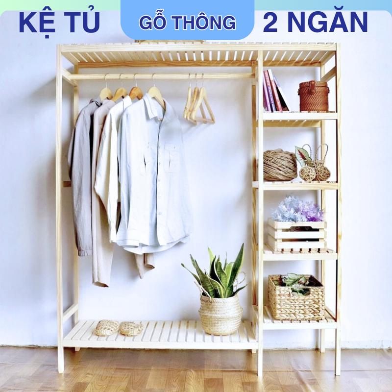 Kệ treo quần áo, tủ treo quần áo, giá để đồ. Gỗ Thông 2 khoang Lắp Ráp