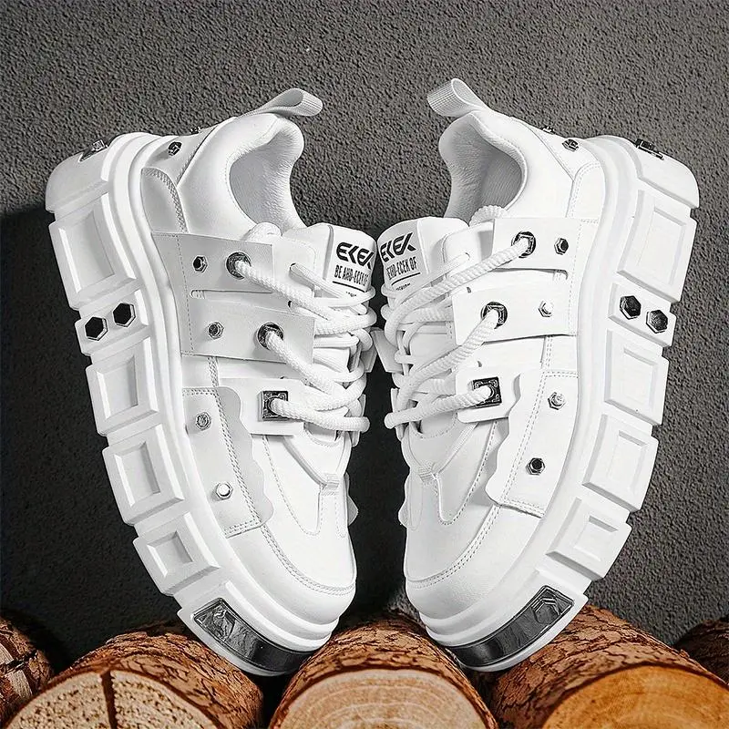 Men's Breathable Lace-Up Running Shoes - Comfortable Road Sneakers with Thick Rubber Sole, Plus Size, White & Black Design, Casual Low-Top Style for All Seasons