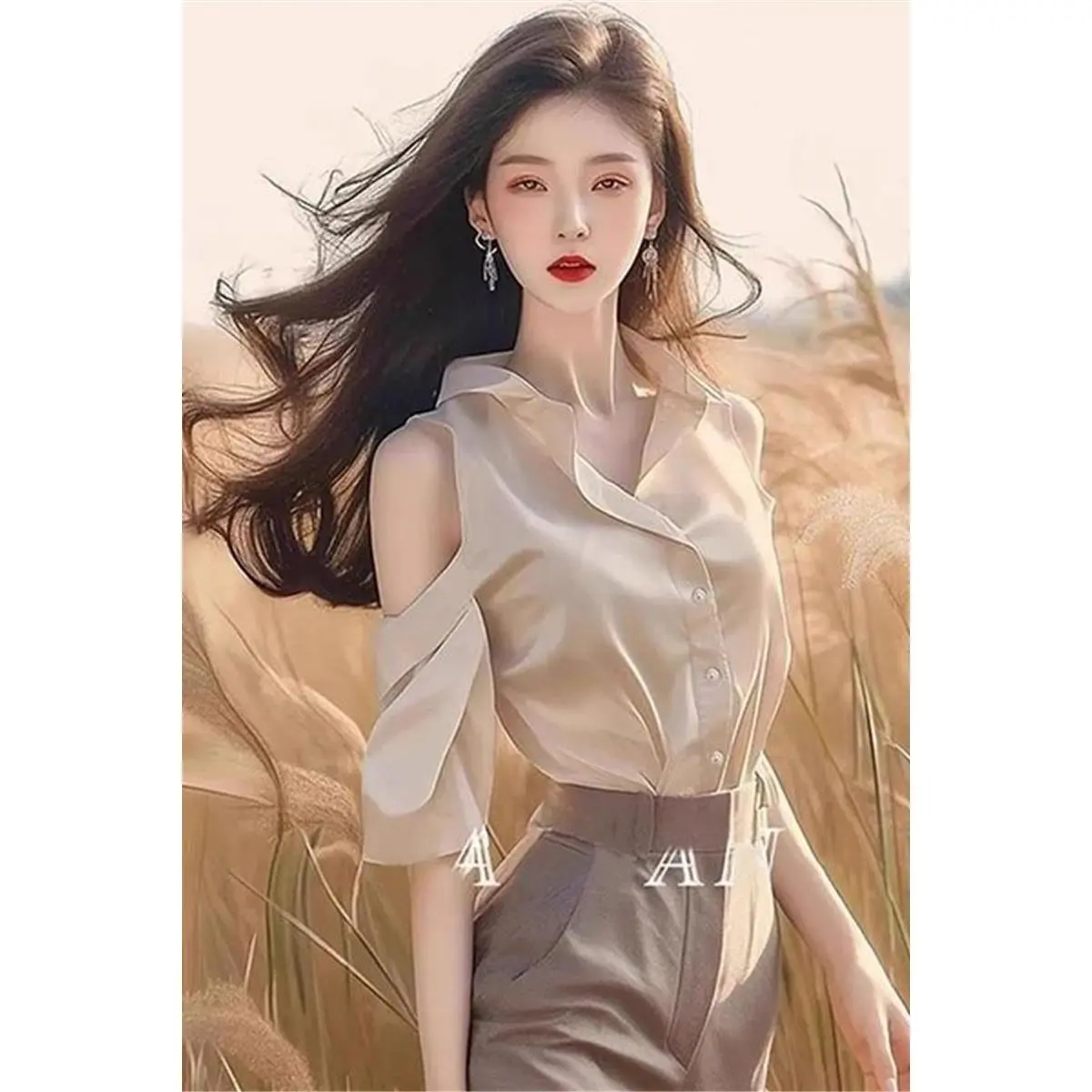 Áo Sơ Mi Sang Trọng Cao Cấp, Phong Cách Mùa Hè, Giá Cả Phải Chăng, Sang Trọng Và Đẹp Mắt, Áo Sơ Mi Nhỏ Phong Cách Phương Tây, Cao Cấp, Màu Be Cổ, Áo Sơ Mi Trễ Vai Dành Cho Nữ