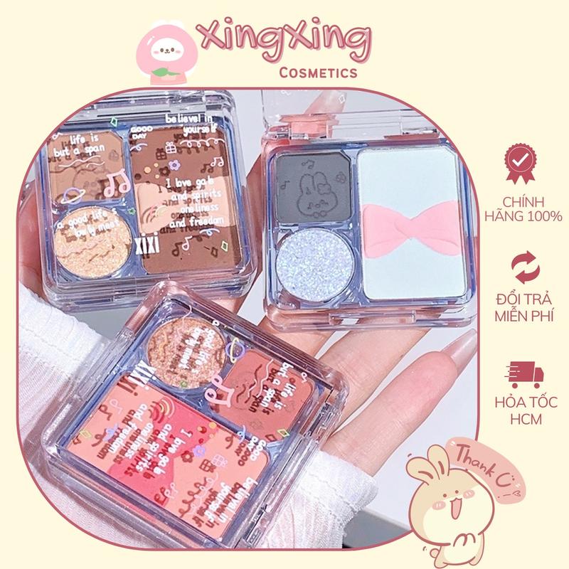 Bảng phấn mắt nơ xinh 3 ô XIXI ba tone màu tone đất hồng lấp lánh phù hợp người mới make up