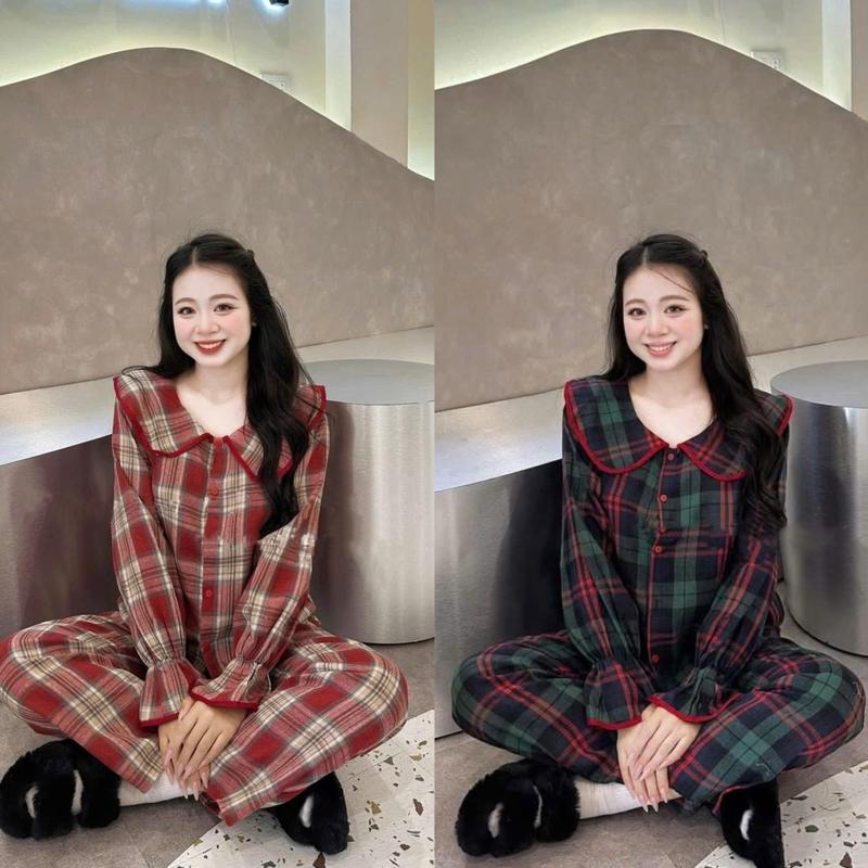 Bộ đồ ngủ Kẻ caro cổ sen viền đỏ chất Dạ mềm cho Nữ tiểu thư DD51 Sammy - Pijama, Women, Áo Ngủ, Quần Ngủ