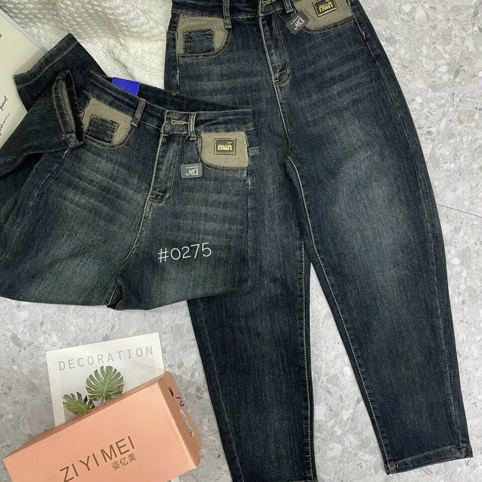 Quần baggy nữ Trơn ,quần jean nữ túi phối màu lưng cao chất jean co giãn