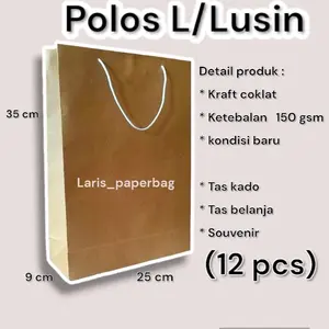 Paper Bag Polos Cokelat Besar L Lusinan Isi 12 pcs Ukuran 25×9×35 cm