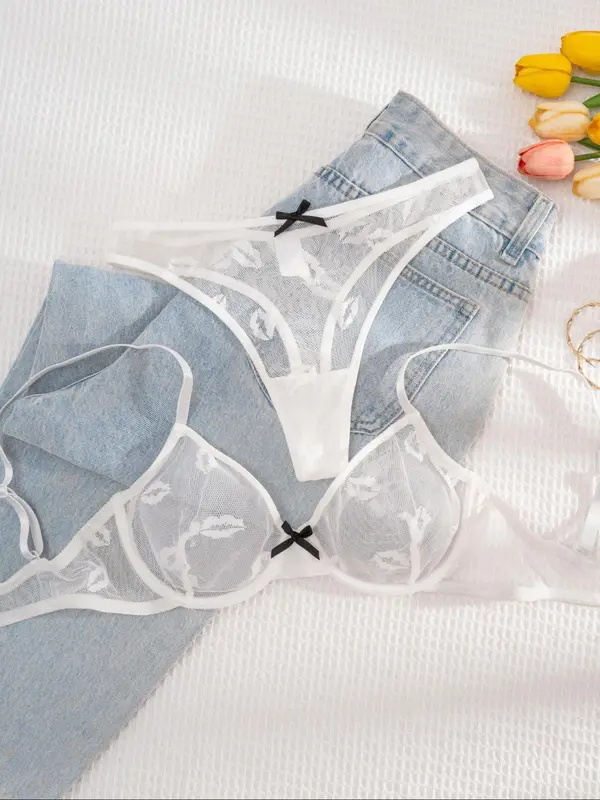 Women's Plain Lip Embroidery Underwire Bra & Panty Two-piece Set, Elegant Comfy Breathable Bra & Panty Set, Lingerie Set for Women 2