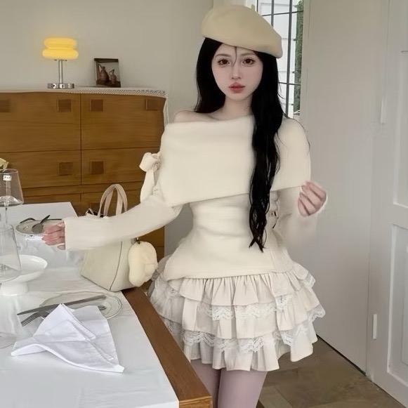 Set Áo Váy Bigsize VÀ CÓ LẺ ÁO VÁY Áo Trễ Vai Dài Tay Buột Nơ Điệu Đà Phối Chân Váy Bí Dễ Thương Cho Nữ Chuppy 60-95Kg - G257 CV413