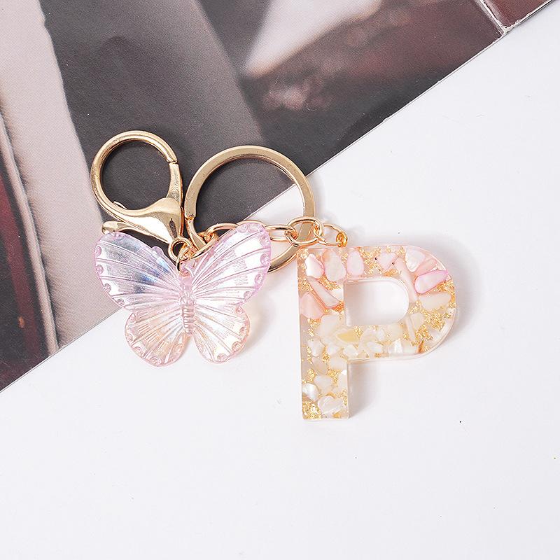Product Introduction of [QQQ]Pink Dream Butterfly 26 Letters A To Z Resin Keychain 26 Initials White Stone  Leaf Pendant Keyring Backpack Charm Bag Decor 30