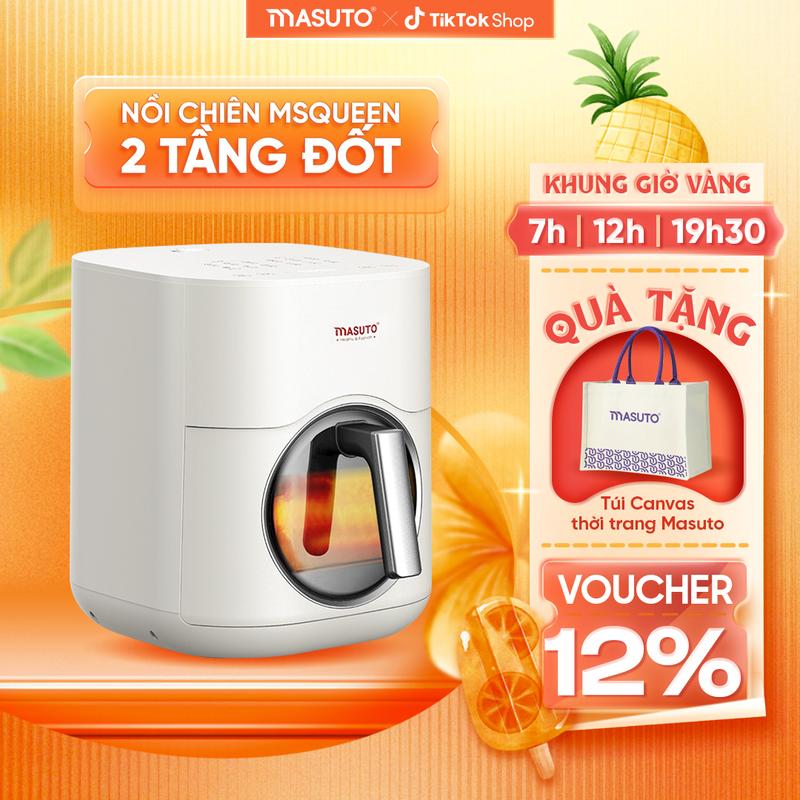 Tặng 100 túi Canvas-Nồi chiên không dầu 6 lít Masuto MSQueen-KLS- Nồi chiên 2 tầng đốt Trên/Dưới đối lưu không cần trở lật