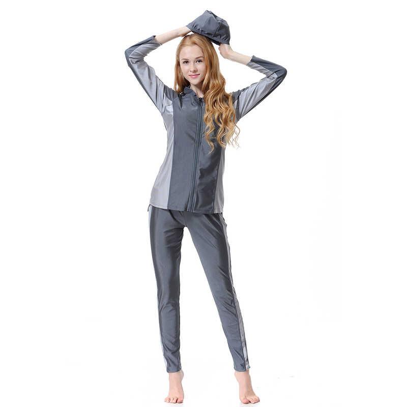 Product Introduction of Long Sleeve Full Body Swim Suits For Women Muslim 2024 Burkini Swimwear Front Zipper Shirt Pants Caps Swimsuit H1001 9