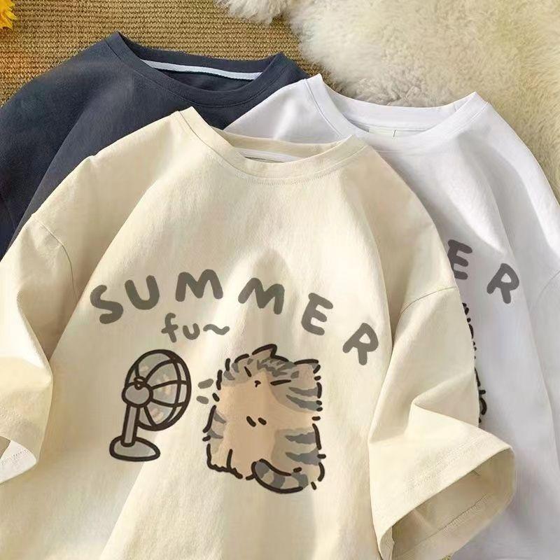 Áo thun con mèo quạt gió SUMMER tay lỡ unisex nam nữ phông form rộng teen cổ tròn freesize cotton giá rẻ basic dễ thương đơn giản ngầu Menswear