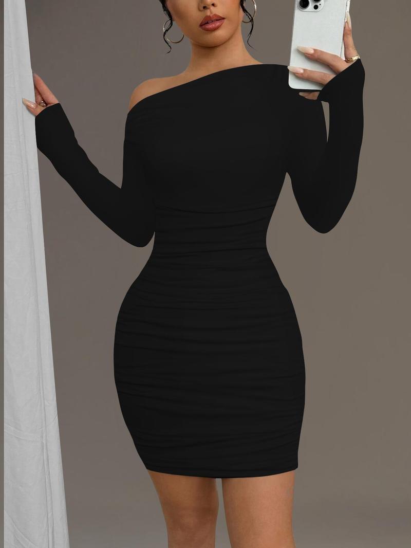 Product Introduction of Women's Plain Ruched Asymmetrical Neck Bodycon Dress, Classy Long Sleeve Short Dress for Party Club Dating Wear, Women's Clothing for Spring & Fall 3
