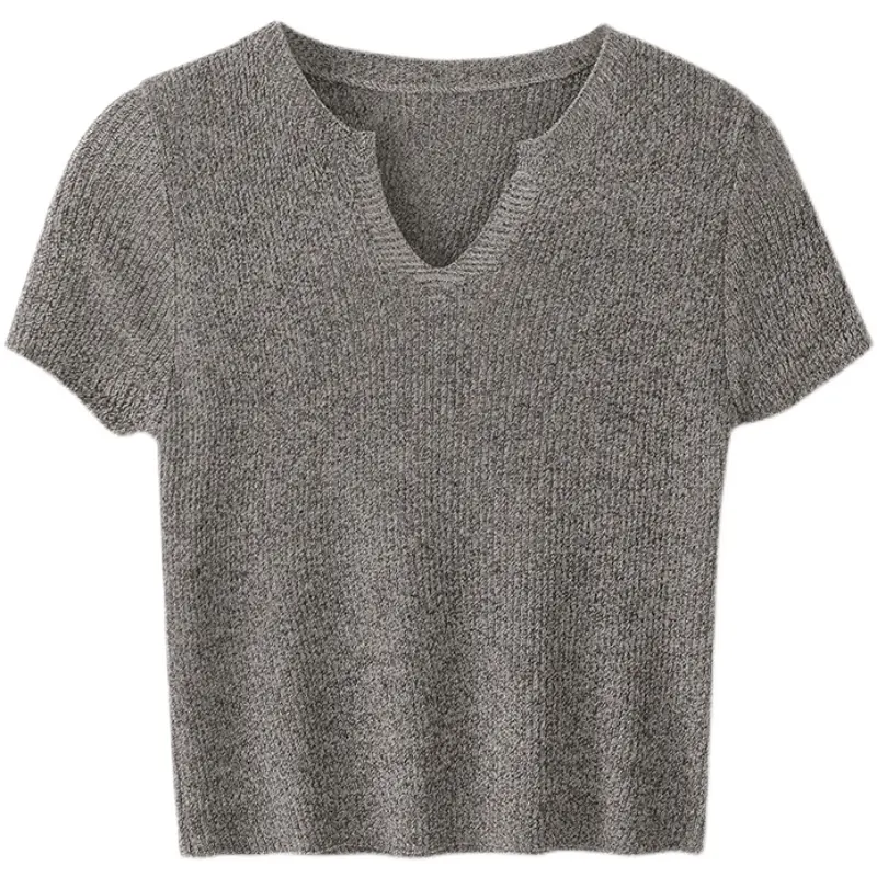 New T-shirt design sense small short top women's summer style V-neck short-sleeved ice silk knitwear