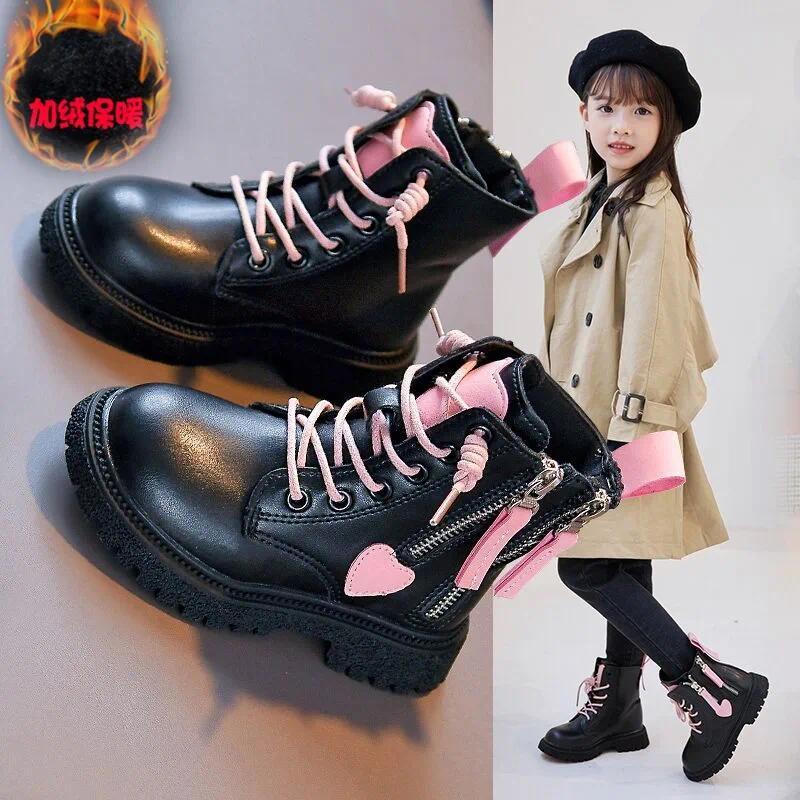 Girls Boots 2024 Spring New Assorted Korean Style Cute Double Zip Non-slip Kids Fashion Pink Heart Versatile Child Ankle Boots 4