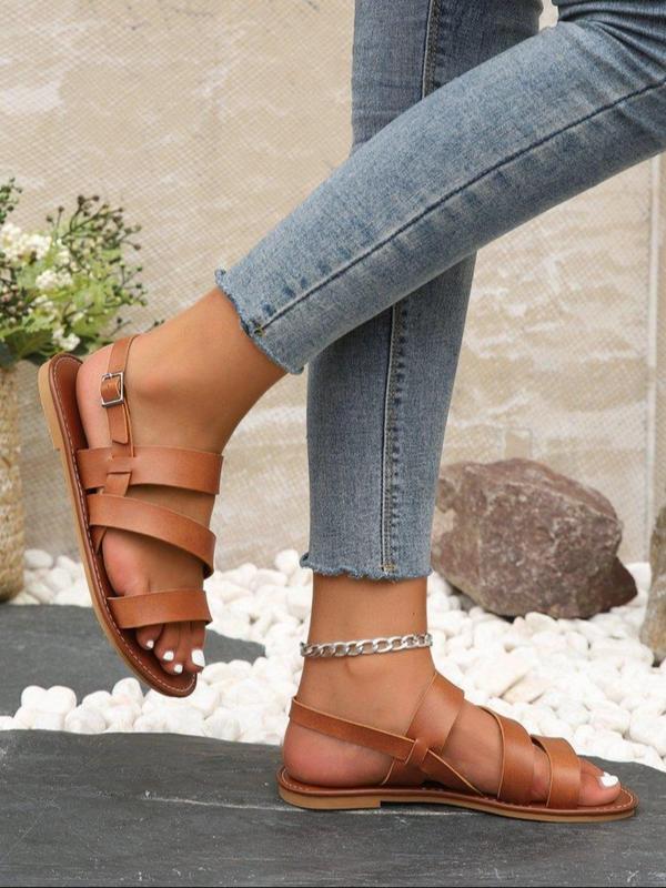 Women's Fashion Plain Pu Leather Sandals, Casual Summer 2024 Flat Sandals, All Match Gladiator Sandals for Daily Wear 4