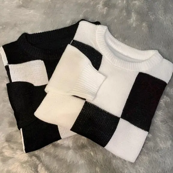 Sweater Rajut Crop Top Korean Style Motip Kotak Kotak Atasan Wanita Crop 4