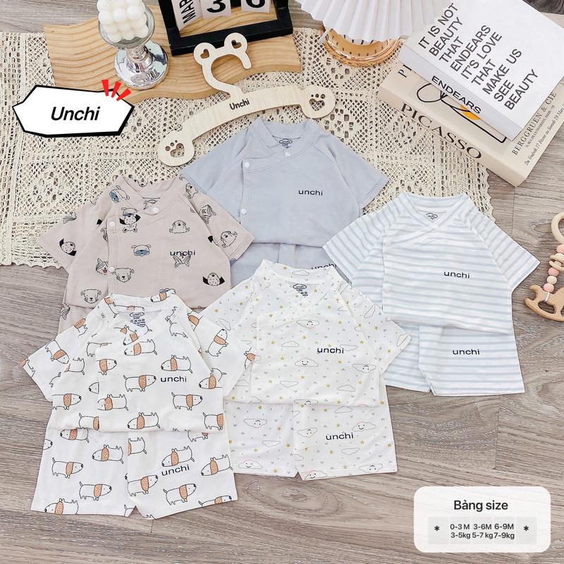 BC15. Bộ sơ sinh cộc tay Unchi vạt áo 2 lớp, vải petit mềm mỏng mát, họa tiết mây trắng cho bé từ 3-9kg