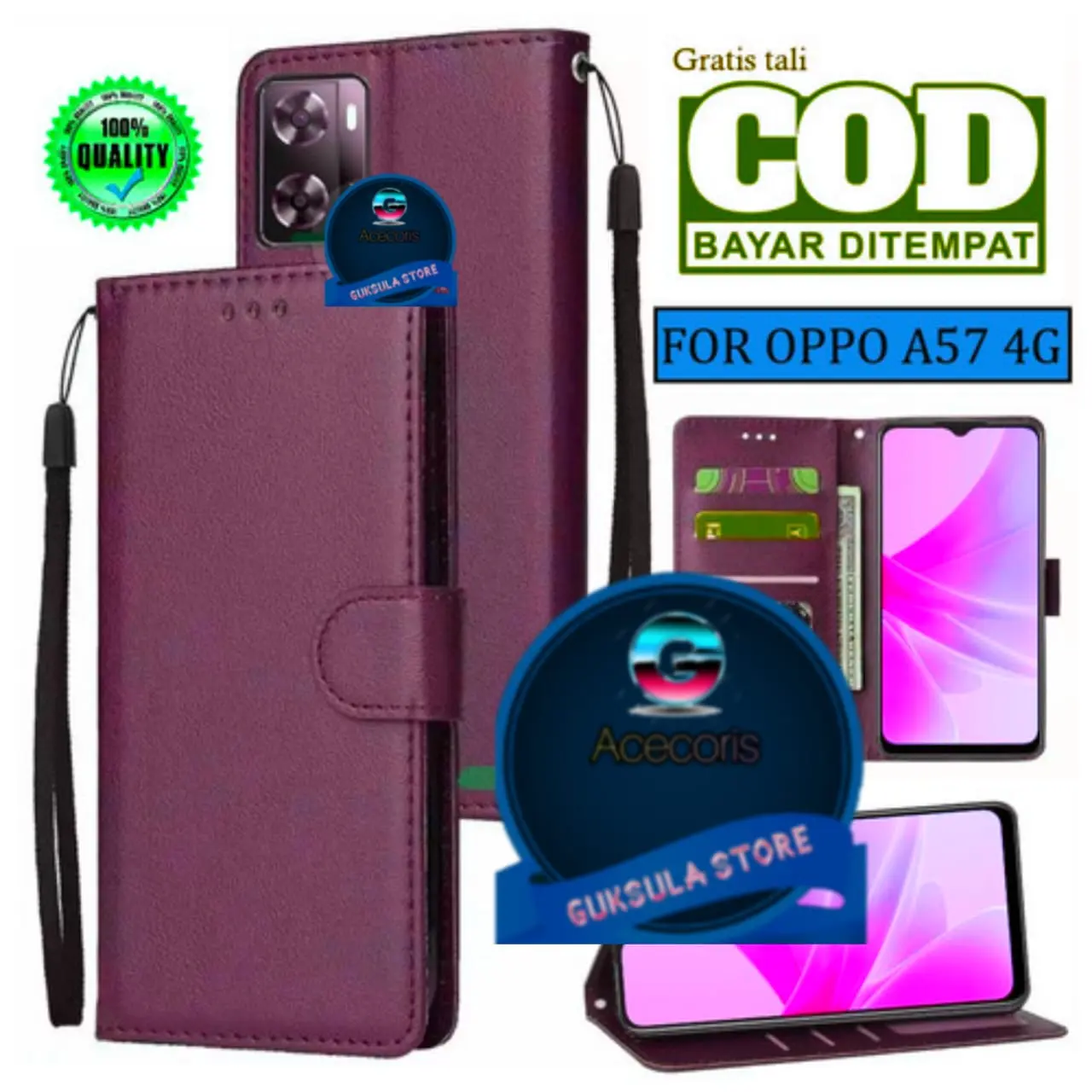 LEATHER CASE FLIP UNTUK OPPO A57 2022 -FLIP WALLET CASE KULIT - CASING DOMPET-FLIP COVER LEATHER-SARUNG BUKU HP Tahan air