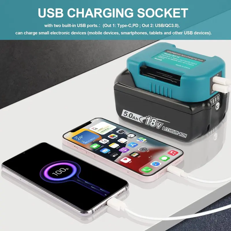 Battery Adapter for Makita 18V Lithium-ion Batteries, USB and Type-C Fast Charger Dock, Portable Battery Holder (Adapter Only), Tool Accessories, Hardware 5