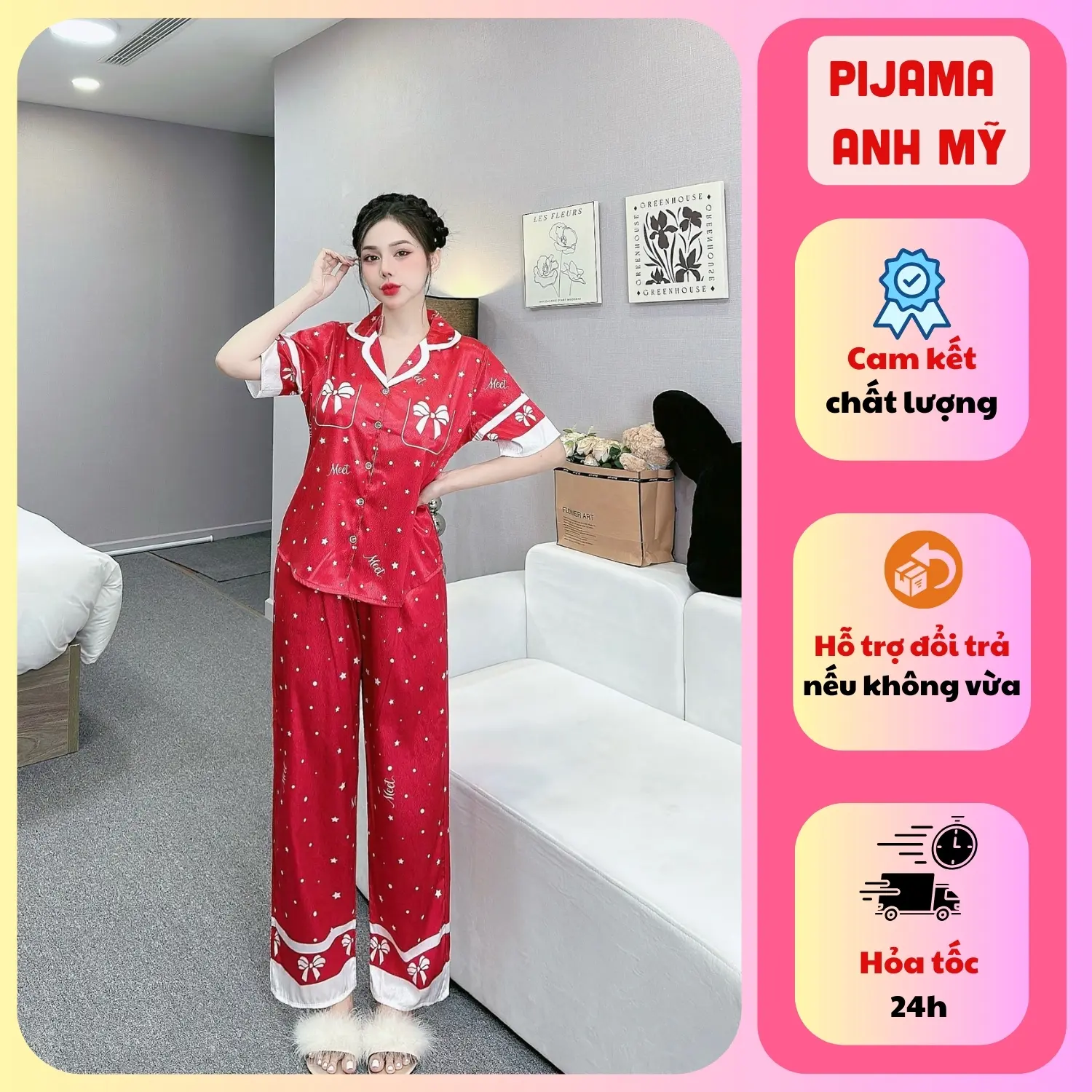 Set bộ pijama nữ ANH MỸ mặc nhà, áo tay ngắn quần dài bigsize chất lụa xước mềm mát SP0313