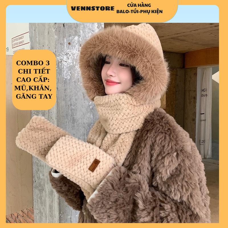 Combo 3 Chi Tiết Mũ Len Lông Cừu Tai Gấu Kèm Khăn Quàng Cổ Giữ Ấm Mùa Đông, Nón Len Trùm Đầu Mềm Mịn Phong Cách Hàn Quốc Hoa Women Hat