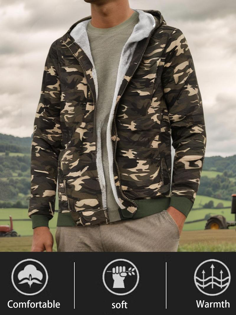 Product Introduction of Men's Camo Print Pocket Zip Up Hooded Jacket, Regular Fit Casual Long Sleeve Thermal Lined Outerwear for Fall & Winter, Men's Clothes for Daily Wear， Men's Clothing 4