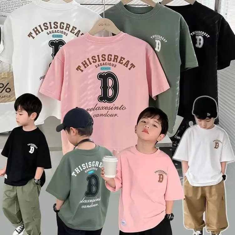 Boys and Girls Stylish Pure Cotton Short Sleeve T-Shirt with Letter Print Summer Loose Fit Versatile Top for Kids