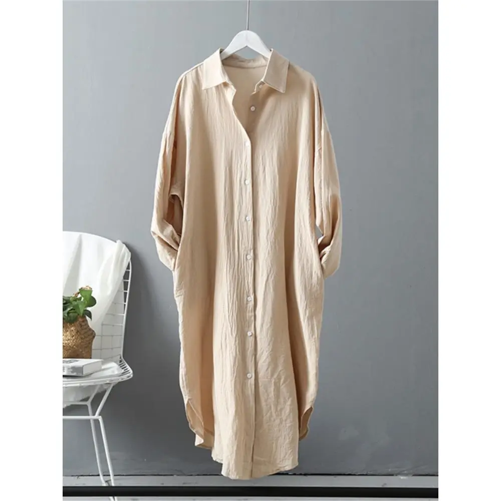 Women Long Shirts Casual Loose Cotton Linen Solid Cardigan Blouses Female Fashion Elegant Outerwear Top