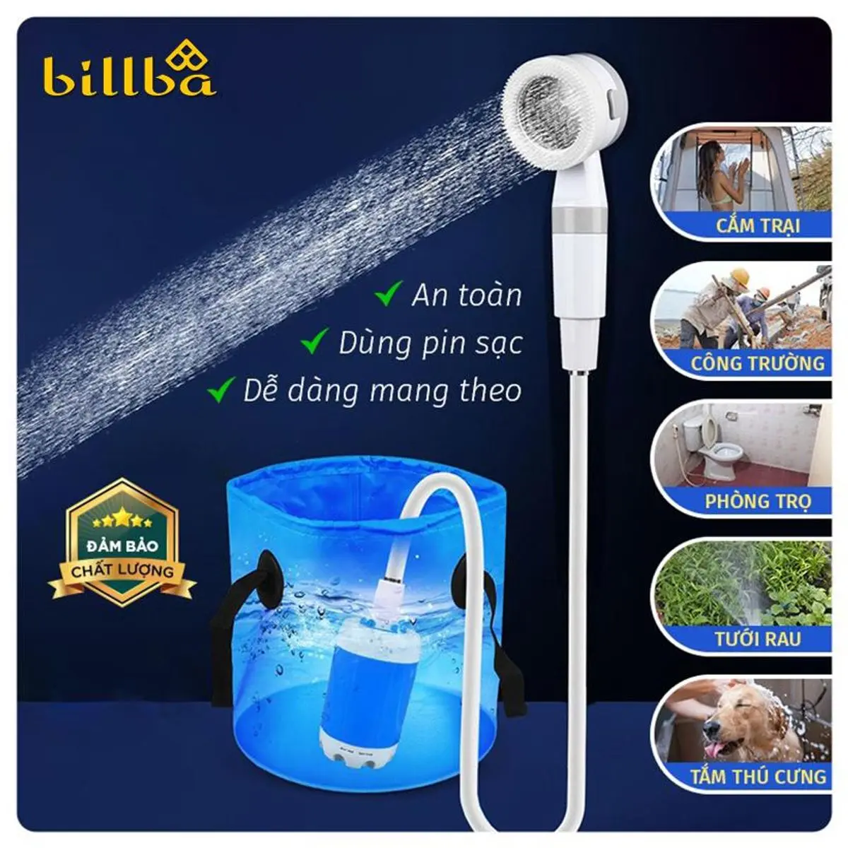 Billba Outdoors - Vòi hoa sen tích điện 4800mAh di động dùng đi dã ngoại cắm trại, tưới cây, tắm cho thú cưng