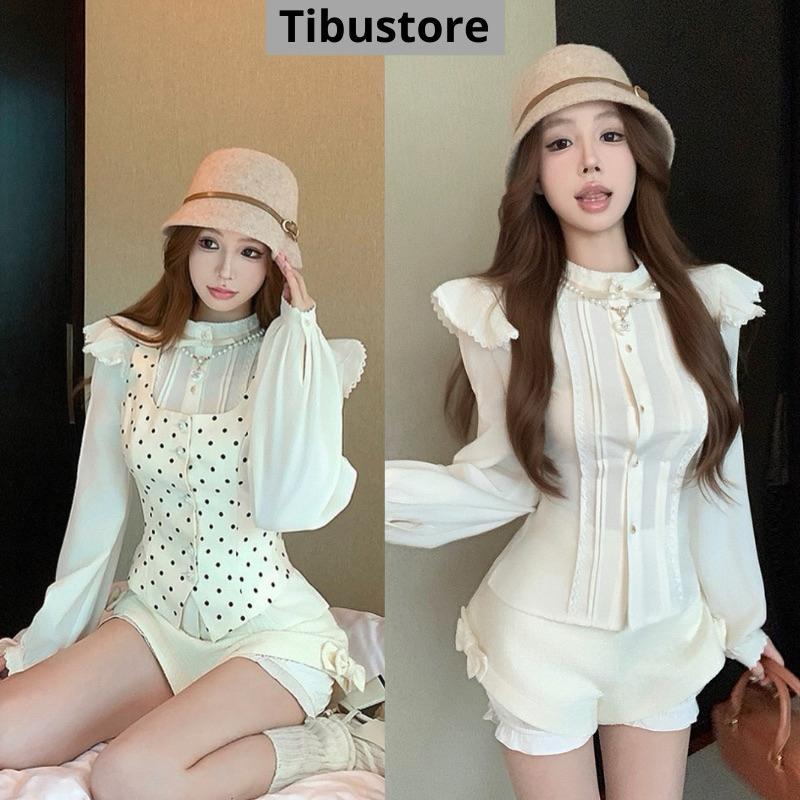 Set Áo Tay Dài Cổ Bèo Kèm Gile Chấm Bi Phối Quần Sort TIBU Set Đồ Nữ Tiểu Thư Sang Chảnh Hotrend Đi Chơi Tết B276
