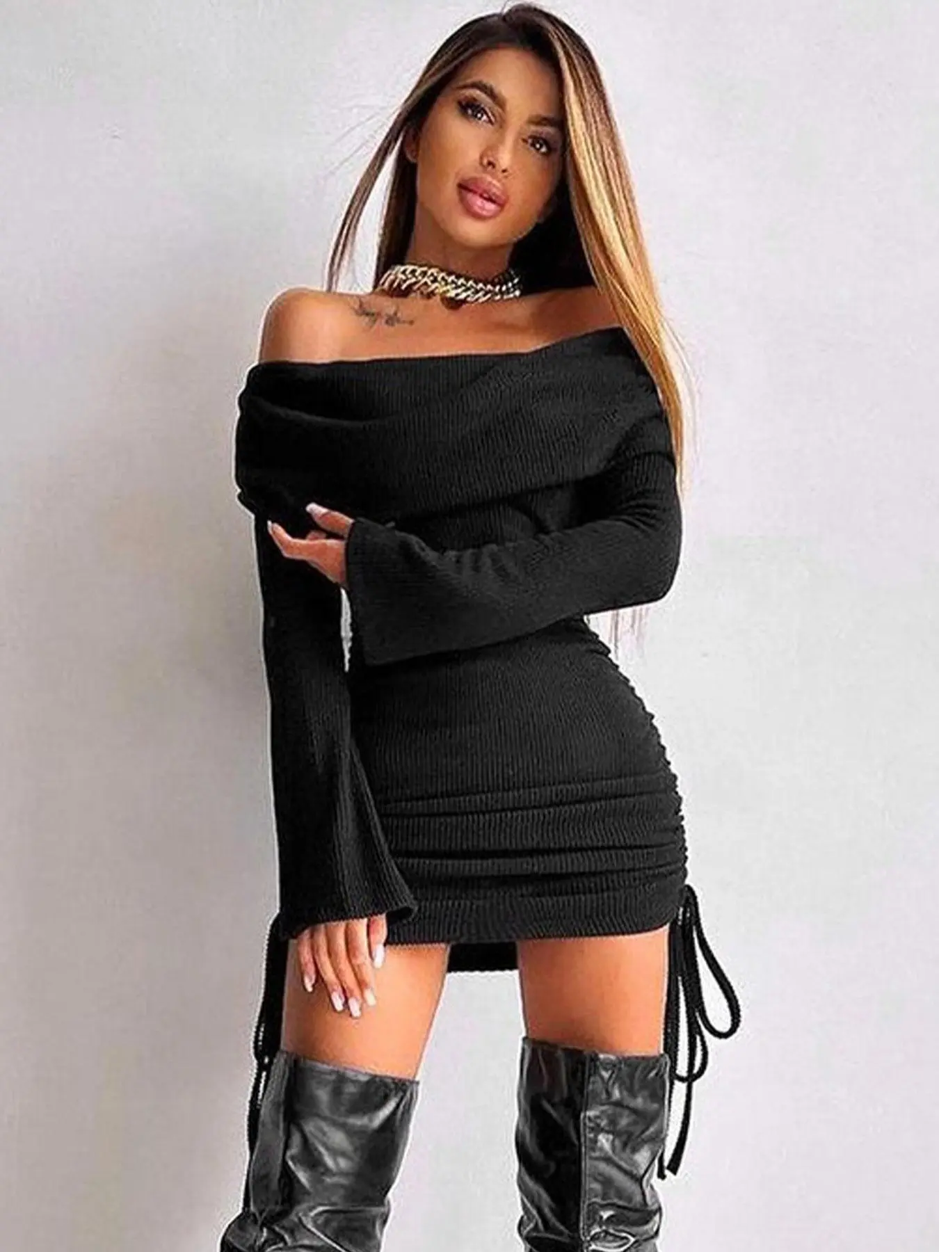 Women's Ribbed Off Shoulder Ruched Drawstring Bodycon Dress, Solid Long Sleeve Short Dress for Party Club Dating Wear, Holiday Dresses, Women's Clothing for Fall & Winter Valentine's Day, Gift
