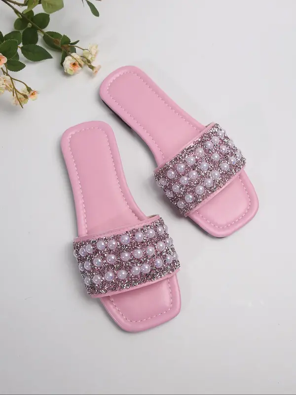 Women's Fashion Faux Pearl Decorated Slide Sandals, 1 Pair 2024 New Style Casual Non-slip Flat Slippers for Beach, Fashion All-match Shoes for Daily Wear 2