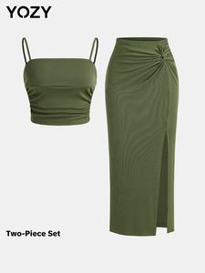 YOZY Women's Solid Ruched Crop Cami Top & Split Thigh Skirt Two-piece Set, Casual Fashion Cozy Two Piece Outfits for Daily Outdoor Wear, Ladies Clothes for All Seasons