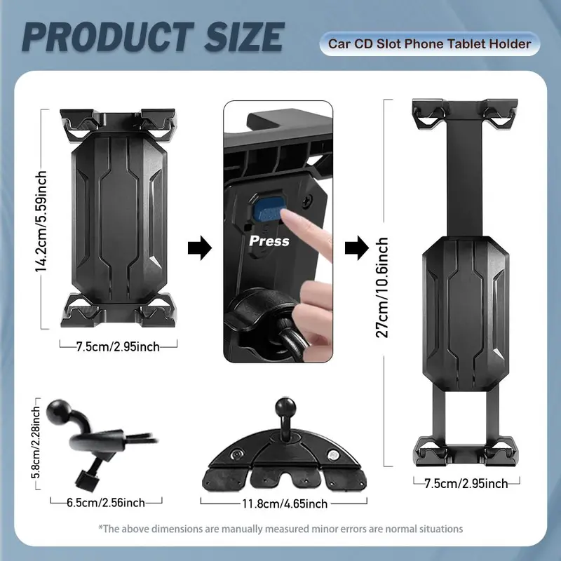 360° Rotatable CD Port Car Phone Holder, Durable & Stable Phone Holder for Car, Universal Car Phone Holder Mount for CD Player Slot, Compatible with 4.7-14 Inch Smartphones & Tablets 1