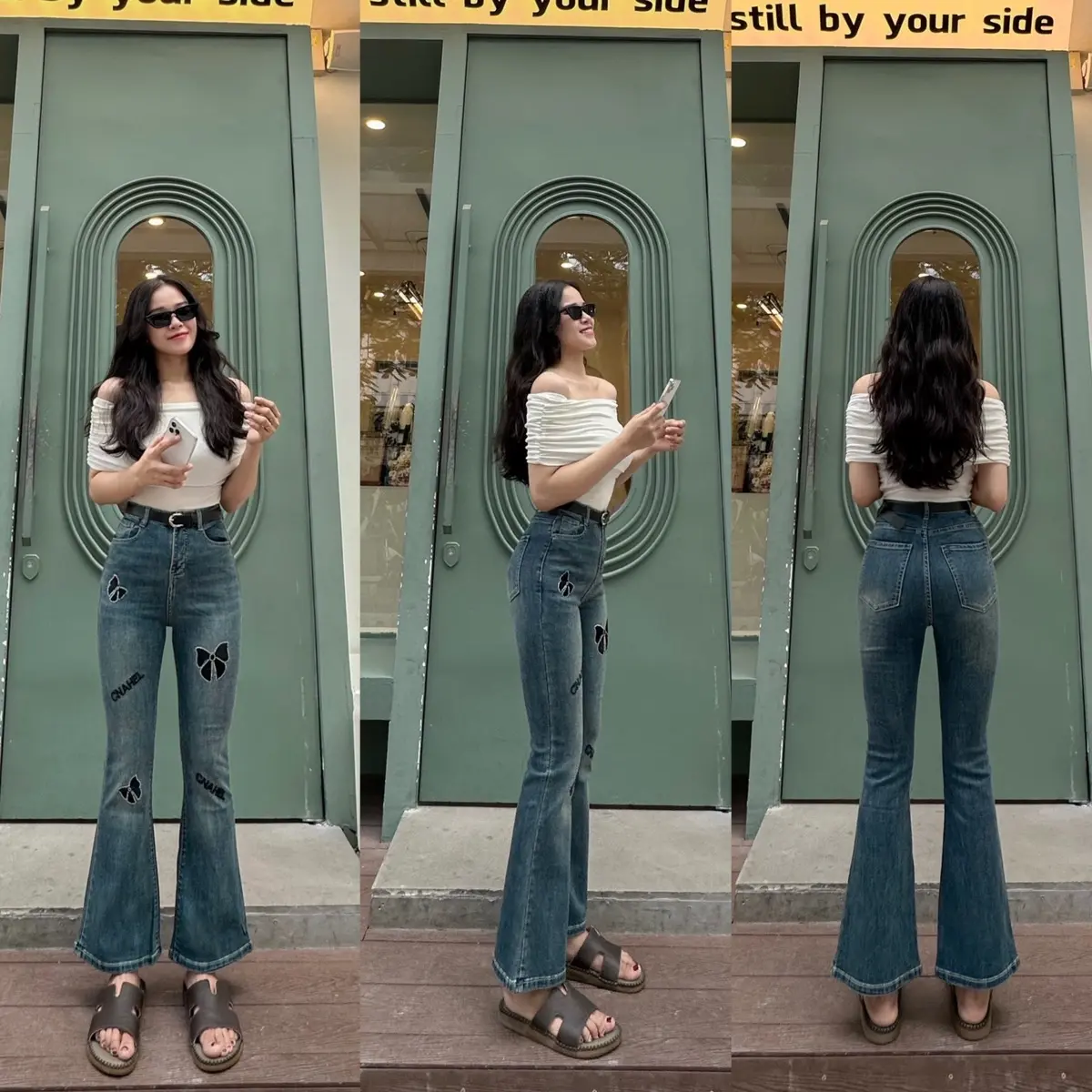 [N550 - Loe] Quần Jean Ống Loe thêu nơ đính đá chất vải QC mềm co giãn màu xanh rêu bụi dài 95cm