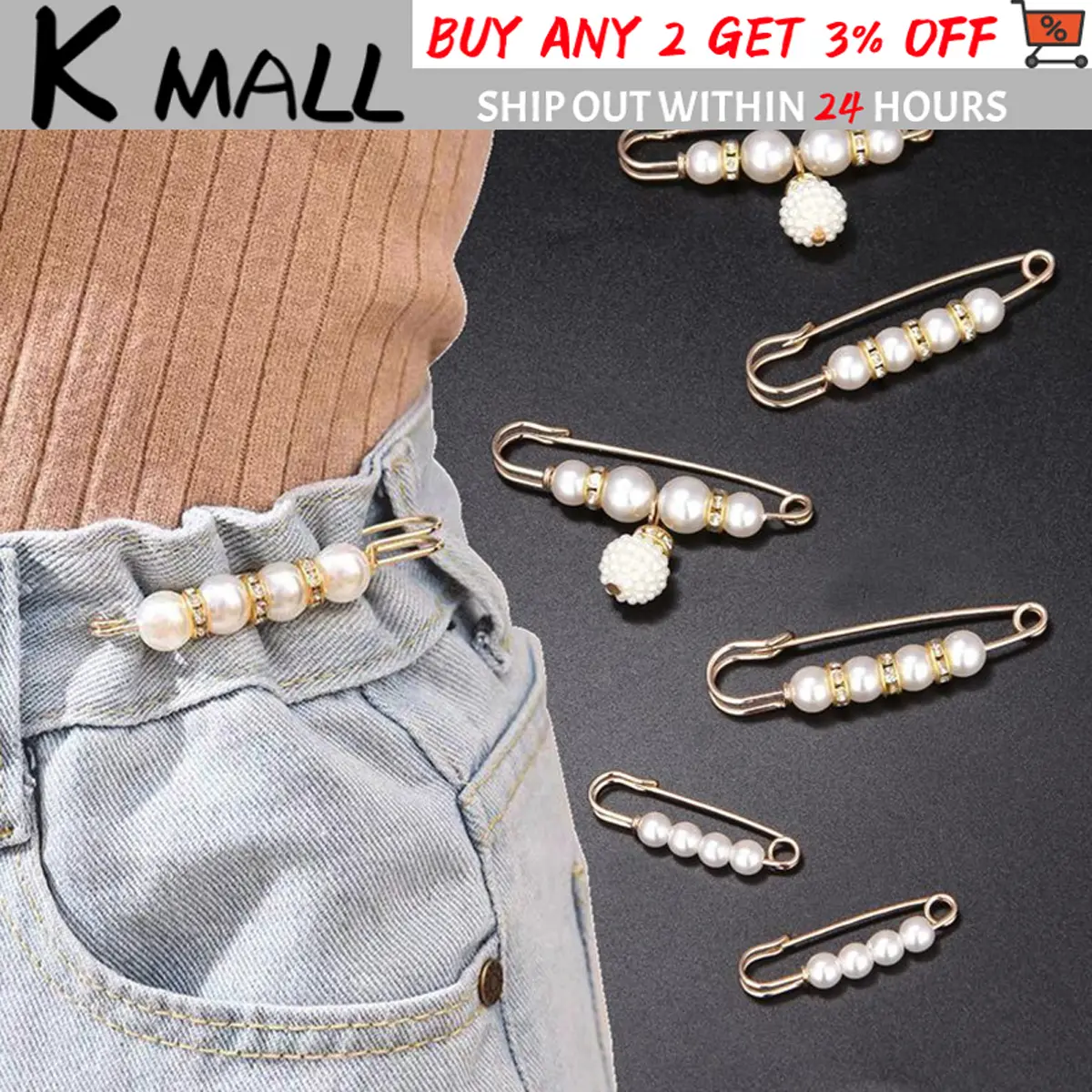 1Pc Pearl Brooch Tightening Waistband Pin Opening Bottom Metal Pearl Cute Brooch Pin Jewelry