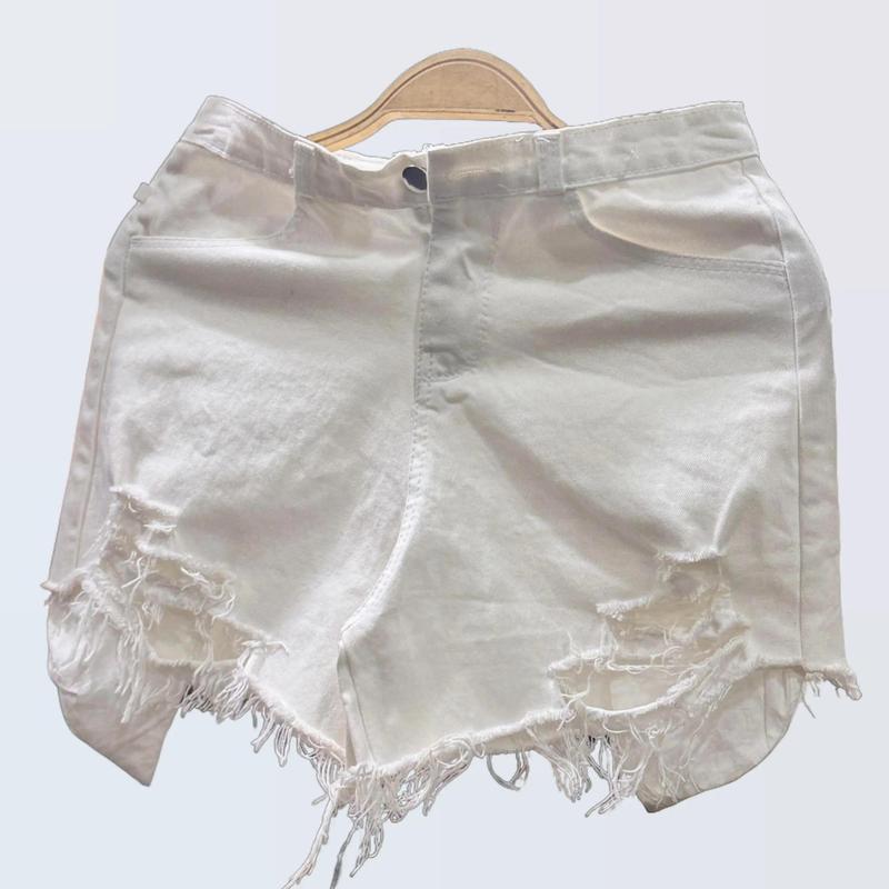 Quần short Nữ kaki Lai Tua Túi Lòi 1 nút Lưng Cao có túi sau, Nhung Kem Pants Women Jean quần  đùi  jean  nữ  trắng